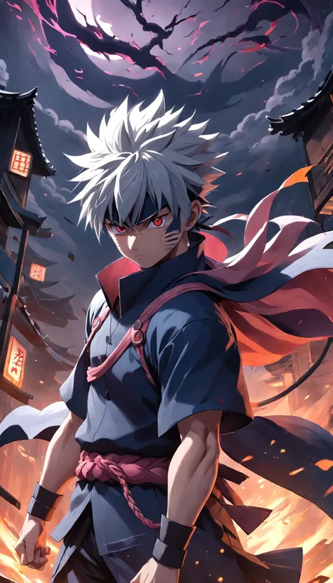 Ultra-realistic 8K HDR images，A full view of Kakashi Hatake is depicted，The shadow of the devil looms behind it. Sakura Kakashi Hatake full view is intricate, Each fur and beard is precisely rendered. The dark fantasy atmosphere enhances Kakashi Hatakes dy...