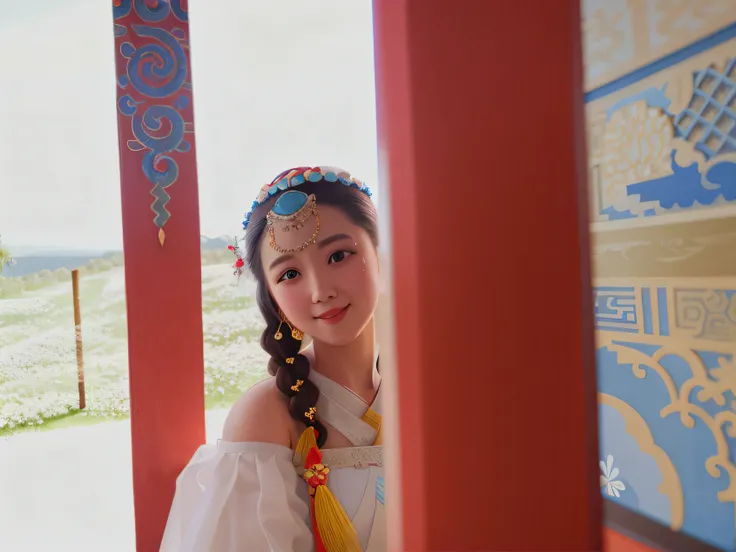 Wearing a white dress，Colorful Arad woman with headdress, dilraba dilmurat, Palace ， A girl in Hanfu, queen of the sea mu yanling, with acient chinese clothes, inspired by Lü Ji, Wearing ancient Chinese clothes, a young woman as genghis khan, Li Bingbing, ...