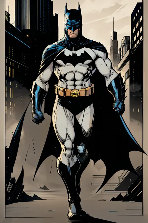 Generate an uncolored comic-style image of the character named Batman in full body, from head to toe, with no body parts cut off or extending beyond the frame. The image should have a comic book style, and Batmans iconic physical features, including his co...