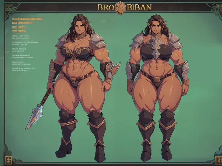 detailed, character sheet, same person, "high quality, strong and fierce orc barbarian with boots with dark brown skin, well-defined muscular legs and large hips" ((fullbody)) ((((tall)))) (((barbarian armor))) ((earring)) (solo)