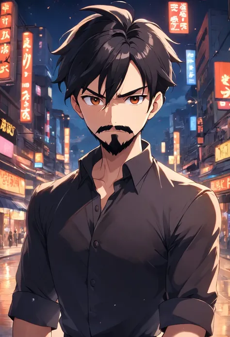 anime boy, ruffled topknot, black hair, oval face, black beard and mustache, well-kept beard, hair on the sides shaved in machine 02, black dress shirt, arms crossed, facing the camera, photo taken from the front, face forward , brown eyes, kinda thin nose...