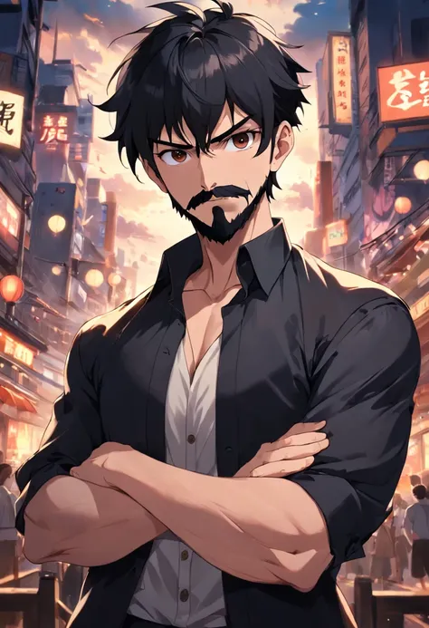 anime boy, ruffled topknot, black hair, oval face, black beard and mustache, well-kept beard, hair on the sides shaved in machine 02, black dress shirt, arms crossed, facing the camera, photo taken from the front, face forward , brown eyes, kinda thin nose...