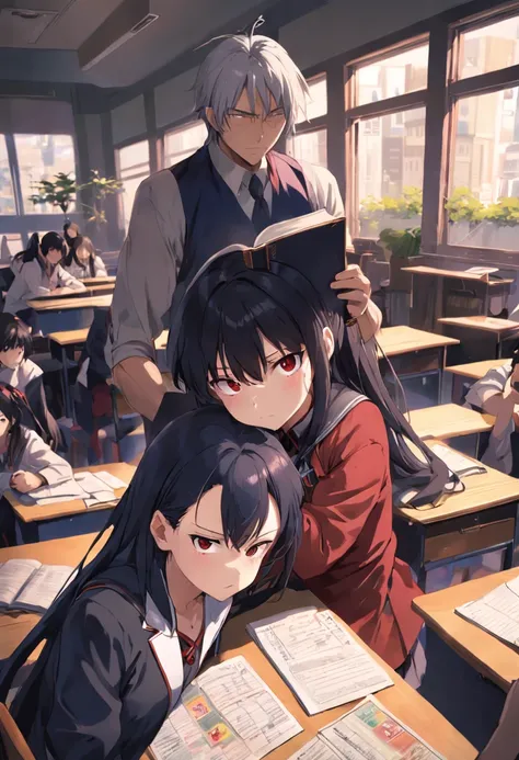 Anime girl with long black and red hair in class，The money in his hand crawled on the table and fell asleep，At the same table sits an anime boy with short black hair，Two high school students placed a stack of books in front of them，If its a teacher，Sit in ...