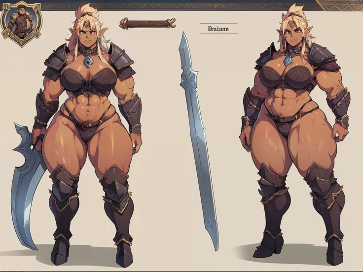 detailed, character sheet, same person, "high quality, strong and fierce orc barbarian with boots with dark brown skin, well-defined muscular legs and large hips" ((fullbody)) ((((tall)))) (((barbarian armor))) ((earring)) (solo)