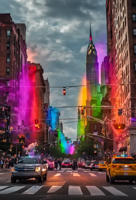 Skyline of new york city light up in gay pride colors with gay pride, flags,  LGBT flags and transgender crossing guards