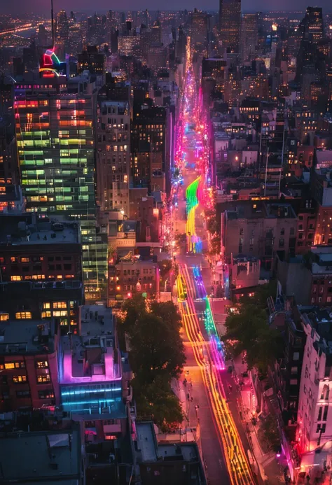 Skyline of new york city light up in gay pride colors with gay pride, flags,  LGBT flags and transgender crossing guards