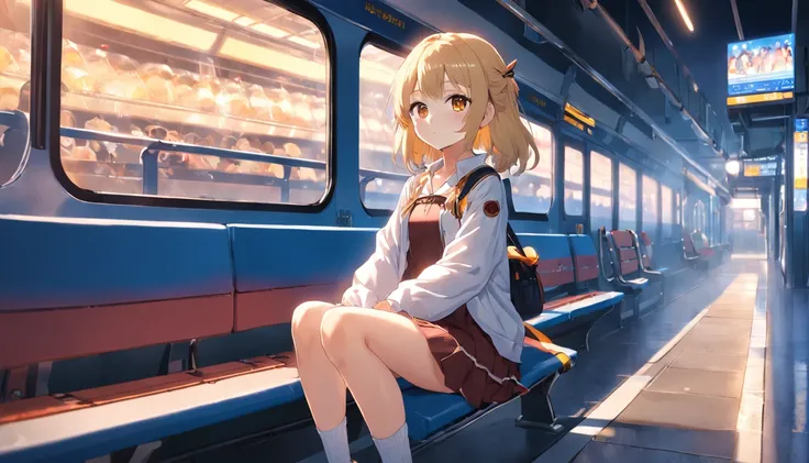 anime girl sitting on a bench with a train in the background, anime style 4 k, anime visual of a cute girl, (anime girl), anime moe artstyle, cute anime girl, 4k anime wallpaper, with glowing yellow eyes, 4 k manga wallpaper, an anime girl, anime girl, you...