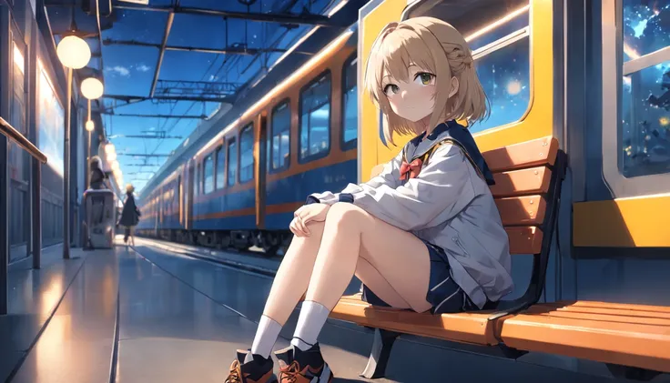 anime girl sitting on a bench with a train in the background, anime style 4 k, anime visual of a cute girl, (anime girl), anime moe artstyle, cute anime girl, 4k anime wallpaper, with glowing yellow eyes, 4 k manga wallpaper, an anime girl, anime girl, you...