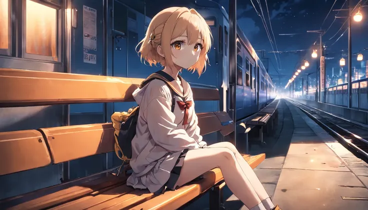 anime girl sitting on a bench with a train in the background, anime style 4 k, anime visual of a cute girl, (anime girl), anime moe artstyle, cute anime girl, 4k anime wallpaper, with glowing yellow eyes, 4 k manga wallpaper, an anime girl, anime girl, you...