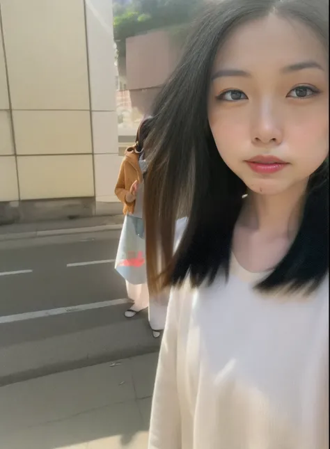 asian woman with long black hair and white shirt, chiho, iphone picture, shot with iphone 1 0, in city street, ulzzangs, Yoshitomo Nara, in a tokyo street, kotegawa yui, shinsui ito, photo on iphone, 8K)), 🪔 🎨;🌞🌄