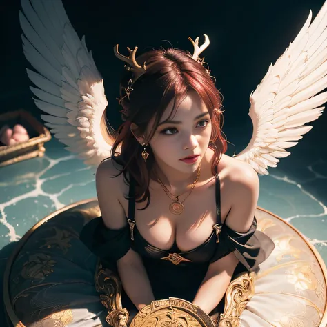 Side close-up(Golden antlers, red and black cape，Rouge overalls，Water vapor female spy，Rouge complexion，Sauna buttock mist jelly flat chest，Golden wire fish net knee brace space jump，Top view，Wear boxing gloves，extremely happy，He Xiaotong), (A half body), ...