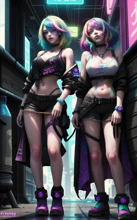 2 18-year-old girls with rainbow-colored hair in a cyberpunk town