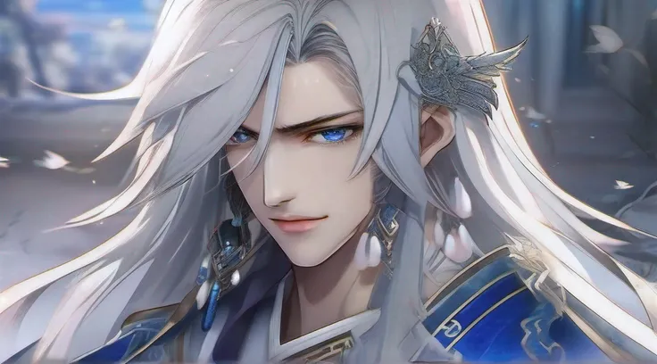 male people、Young men、Chinese ancient style、Long hair as white as snow、Delicate facial features、Enchanting and handsome、Sapphire eyes、knight-errant、Ultimate facial details、extreme hight detail