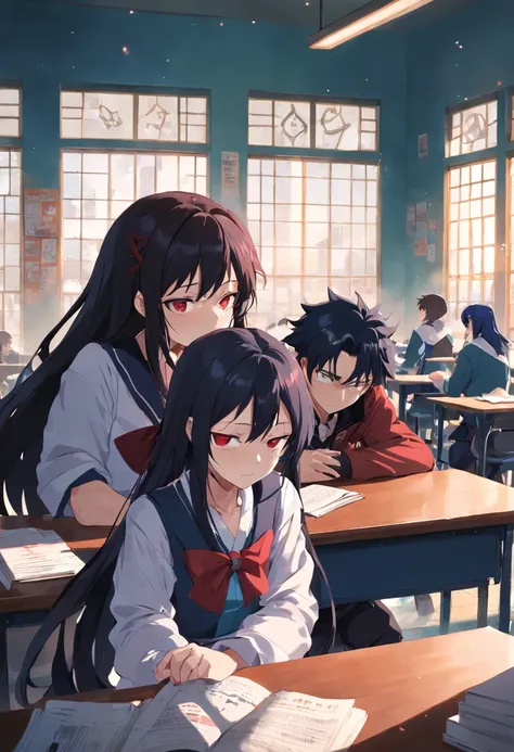 Anime girl with long black and red hair in class，The money in his hand crawled on the table and fell asleep，At the same table sits an anime boy with short black hair，Two high school students placed a stack of books in front of them，If its a teacher，Sit in ...