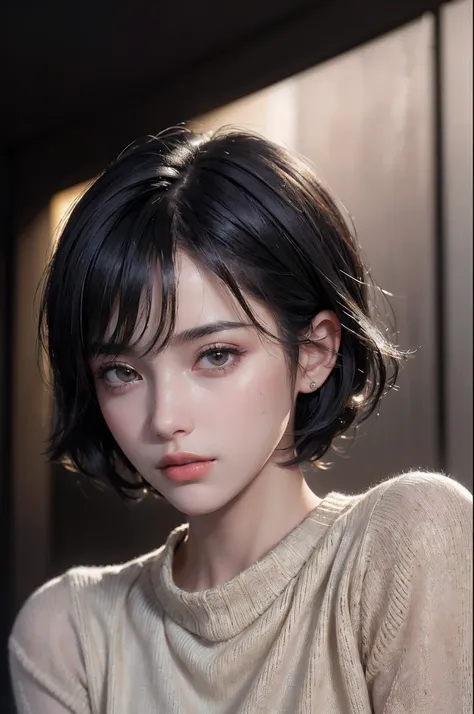 (masterpiece:1.3), (8k, photorealistic, RAW photo, best quality: 1.4), (1girl), beautiful face, (realistic face), (black hair, short hair:1.3), beautiful hairstyle, realistic eyes, beautiful detailed eyes, (realistic skin), beautiful skin, (sweater), absur...