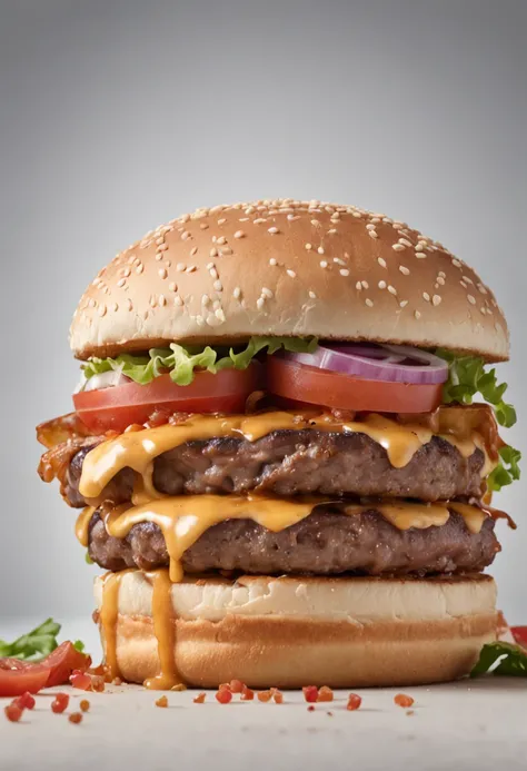 A burger falling in pieces juicy, tasty, hot, promotional photo, intricate details, hdr, cinematic, adobe lightroom, highly detailed