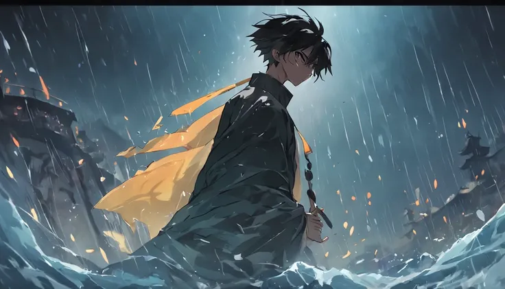 Yamaguchi and the Chinese man under the storm，In his left hand, he holds a black gold ancient knife，short detailed hair，Handsome，Shirtless，Stand in the wind and rain，Back Shadow