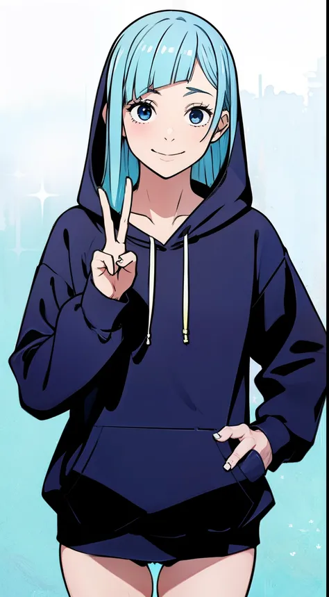 masterpiece, best quality, 1girl, fun, funny, perfect face, expressive eyes, cute, smiling, peace sign, ((two fingers)), happy, mischevious, blue eyes, modern, beautiful cothes,blue hoodie, 
BREAK miwakasumi, light_blue_hair, blunt bangs, long hair, cozy, ...