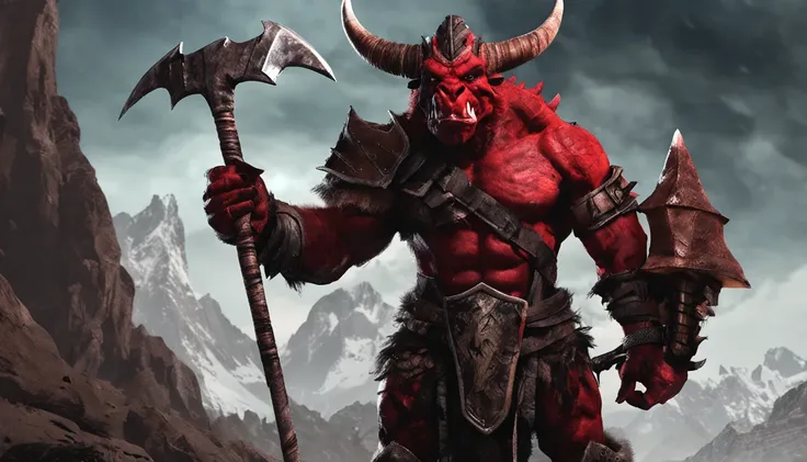 red and black scaled dragonborn barbarian holding great axe