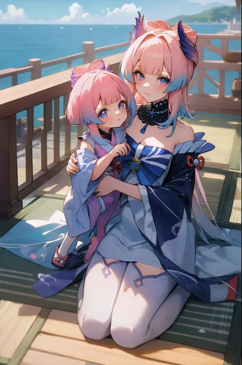 Anime image of two women dressed in traditional Japanese costumes in a Japanese village, Palace maid Hanfu, WLOP and Sakimichan, The god of blue-pink hair, 《azur lane》role, Anime fantasy illustration, A scene from the《azur lane》videogame, Genshin, Guviz-st...