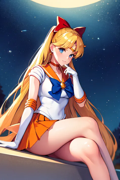 masterpiece, best quality, highres, venus1, 1girl, solo, sailor senshi uniform, sailor venus, aino minako, blonde hair, magical girl, blue eyes, orange skirt, elbow gloves, tiara, pleated skirt, hair bow, orange sailor collar, miniskirt, choker, red bow, o...