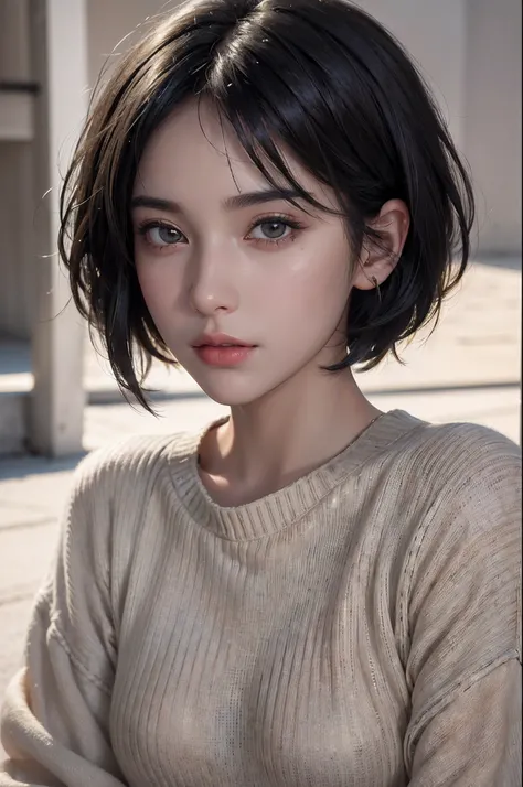 (masterpiece:1.3), (8k, photorealistic, RAW photo, best quality: 1.4), (1girl), beautiful face, (realistic face), (black hair, short hair:1.3), beautiful hairstyle, realistic eyes, beautiful detailed eyes, (realistic skin), beautiful skin, (sweater), absur...