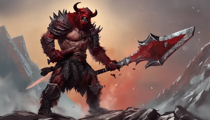 "powerful and fierce red-scaled dragonborn barbarian with black markings, wielding a massive greataxe"