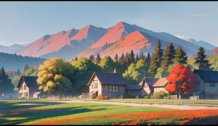 a beautiful cinematic scenery of a village landscape, transitioning through the four seasons from summer to autumn to winter to spring, widescreen 16:9 aspect ratio --auto --s2