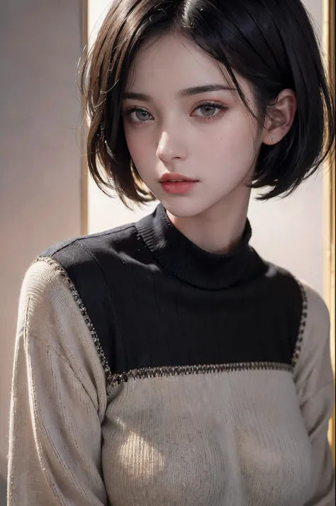 (masterpiece:1.3), (8k, photorealistic, RAW photo, best quality: 1.4), (1girl), beautiful face, (realistic face), (black hair, short hair:1.3), beautiful hairstyle, realistic eyes, beautiful detailed eyes, (realistic skin), beautiful skin, (sweater), absur...