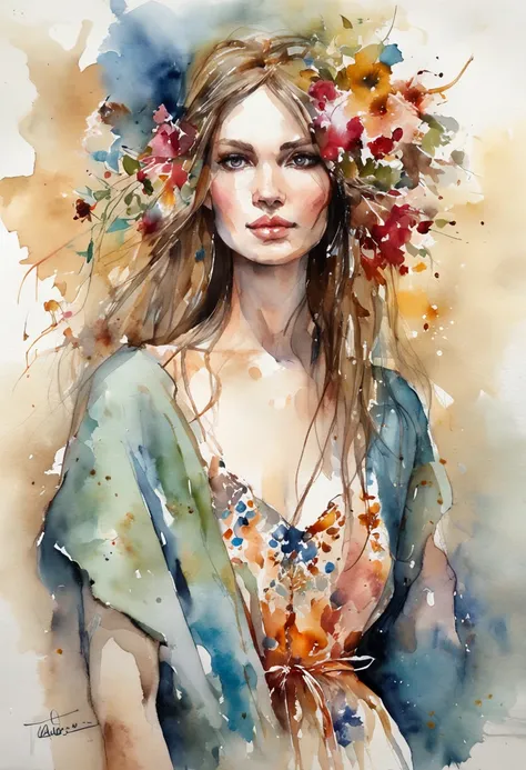 a painting of a woman in a colorful dress, a gouache by Carne Griffiths, pinterest, figurative art, mixed media, watercolor, feminine