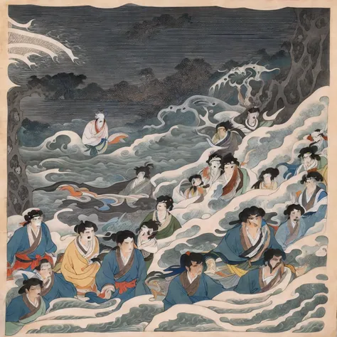 there are many people in the water with a boat in the background, by Utagawa Kunimasa, inspired by Utagawa Kunimasa, by Yoshitoshi Mori, katsuhika hokusai, inspired by Utagawa Kunimasu, kawanabe kyosai, inspired by Utagawa Yoshitora, by Yoshitoshi ABe