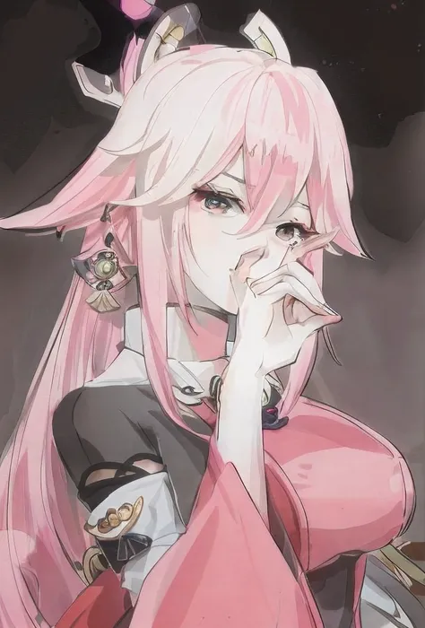 A pink-haired，Fox ears，Mature woman in witch costume，The eyes reveal enchantment and loneliness