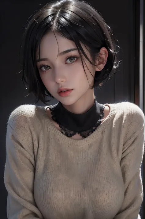 (masterpiece:1.3), (8k, photorealistic, RAW photo, best quality: 1.4), (1girl), beautiful face, (realistic face), (black hair, short hair:1.3), beautiful hairstyle, realistic eyes, beautiful detailed eyes, (realistic skin), beautiful skin, (sweater), absur...