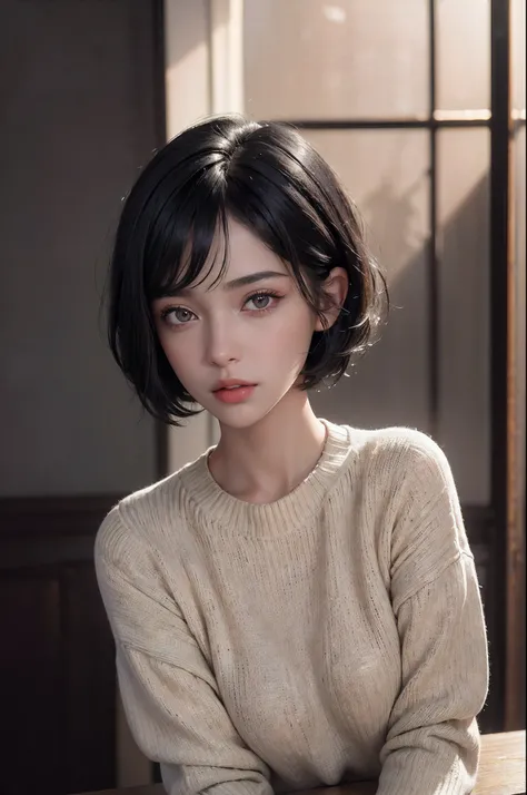 (masterpiece:1.3), (8k, photorealistic, RAW photo, best quality: 1.4), (1girl), beautiful face, (realistic face), (black hair, short hair:1.3), beautiful hairstyle, realistic eyes, beautiful detailed eyes, (realistic skin), beautiful skin, (sweater), absur...