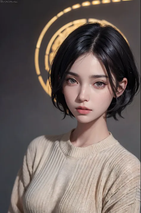 (masterpiece:1.3), (8k, photorealistic, RAW photo, best quality: 1.4), (1girl), beautiful face, (realistic face), (black hair, short hair:1.3), beautiful hairstyle, realistic eyes, beautiful detailed eyes, (realistic skin), beautiful skin, (sweater), absur...