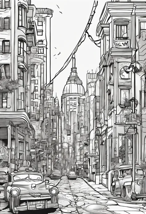 Lori Animation,  Brilliant City,Beautiful line art, Black and white cartoon style, Cartoon styled, Cartoon Art Style, Pencil and ink drawing, black and white coloring, Detailing,