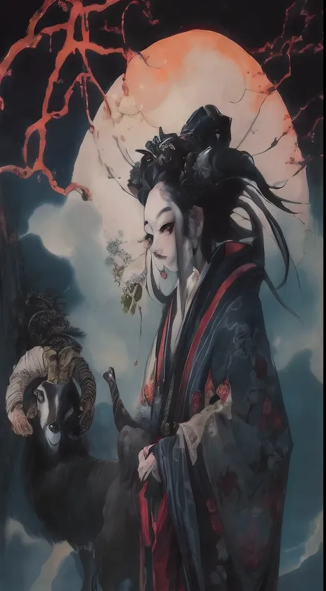 painting of a woman with a goat in front of a full moon, inspired by Shunkōsai Hokushū, inspired by Tsukioka Yoshitoshi, Inspired by Ryūkōsai Jokei, rob rey and kentarõ miura, rob rey and kentarõ miura style