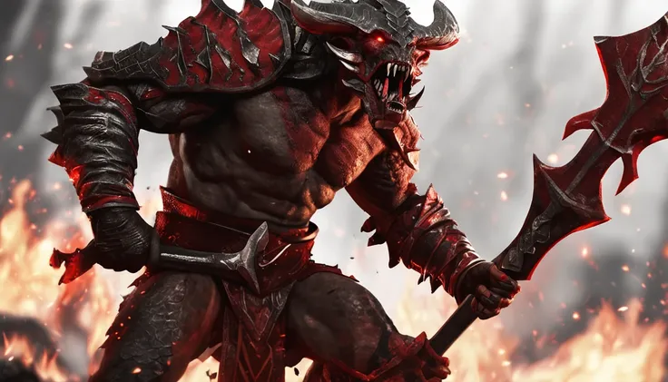 "powerful and fierce black -scale dragonborn barbarian with red markings, wielding a massive greataxe"