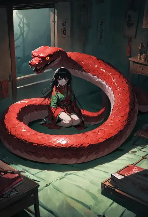 A red snake，On the bed in the room，Squint your green eyes，Spit snake letters，Eerie light，Dark night，high high quality，fog atmosphere，(Chinese folk suspense supernatural comic style),High detail, Sharp focus, Dramatic，The art of painting by Midjourney and G...