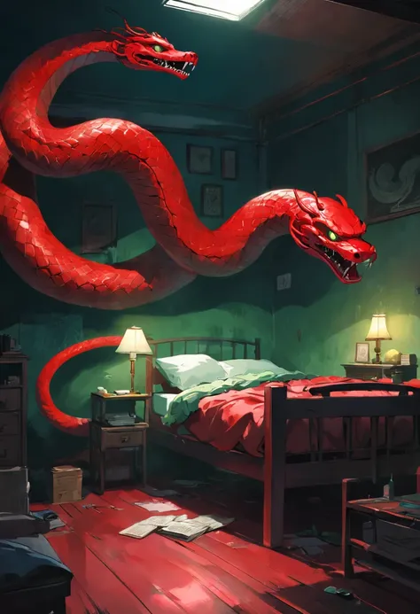 A red snake，On the bed in the room，Squint your green eyes，Spit snake letters，Eerie light，Dark night，high high quality，fog atmosphere，(Chinese folk suspense supernatural comic style),High detail, Sharp focus, Dramatic，The art of painting by Midjourney and G...