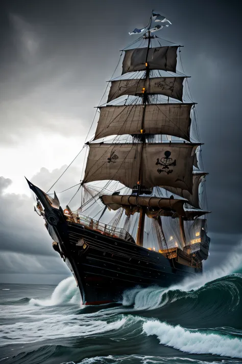 Arafede sailing boat in rough seas，The sky is stormy, The rain was raging，gothic ship on ocean, Flying Dutchman, Pirate ship, old pirate ship, a ship lost in a storm, a pirate, An incredibly huge tilting crumbling pirate ship, on a pirate ship background, ...