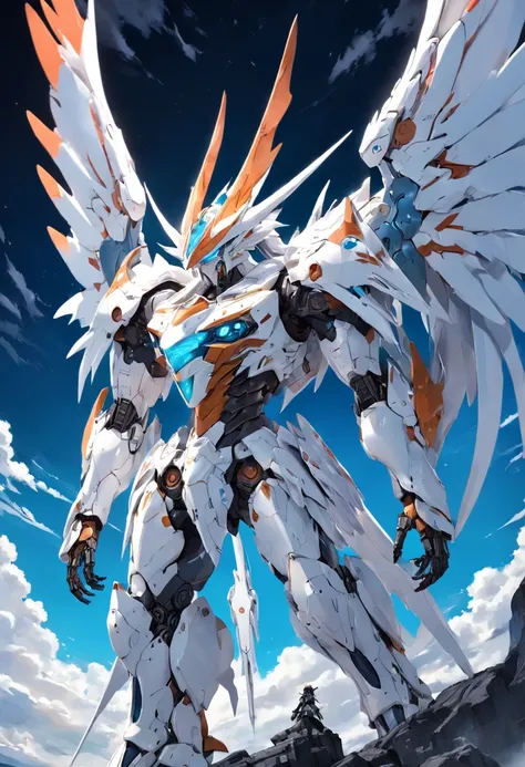 With an endless blue sky, the white dragon mecha spreads its huge mechanical wings like a god