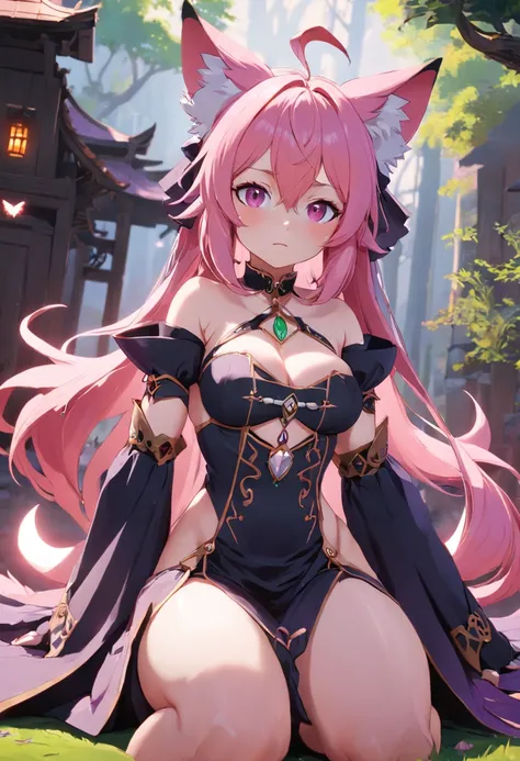 A pink-haired，Fox witch, 26 year old，ultra - detailed, 8K, Unreal Engine 5，The eyes show enchantment and longing，Sitting in the courtyard with a book in hand，耳Nipple Ring，head gear，Clothes are shoulder-baring