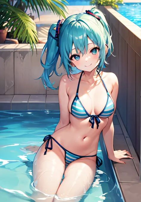 ​masterpiece、Top image quality、超A high resolution、nsfw、miku hatsune、blue hairs、Twin-tailed、Short hair、glad、a smile、Light blue string bikini、Borderline string bikini、by the poolside of a luxury hotel