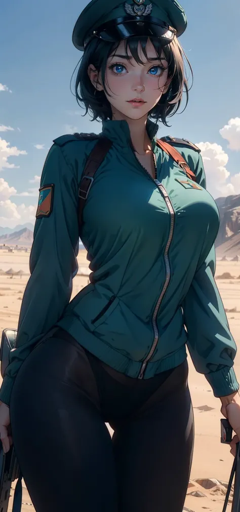 1female，35yo，plumw，extremely large bosom， 独奏，（Background with：A desert，aerodrome，Planes） She has very short black hair，bobo head，Stand on the plane，，seen from the front， hair straight， mostly cloudy sky，（（（tmasterpiece），（Very detailed CG unity 8K wallpaper...