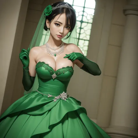 Green Dress Flower Cleanser，Sense of atmosphere, best qualtiy，tmasterpiece，1girll，30-years old，Green dress，Daytime Church，The upper part of the body, In the center of the screen, Green gloves，With short black hair，big breasts beautiful，looking at viewert，s...