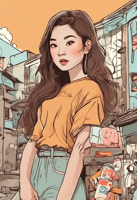 Cartoon image of a woman with permed hair, Super pretty 20 year old Korean girl, Cartoon style illustration, Cartoon Art Style, Cartoon Art Style, Digital illustration style, Highly detailed character design, cute detailed digital art, Urban Girl Fan Art, ...