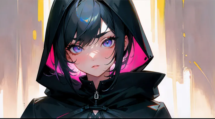 Original Characters、standingn、Volume Lighting、Best Shadows、Shallow depth of field、Portrait of an amazingly beautiful girl、Delicate beautiful attractive face with petite and seductive eyes、He has his hands in the pockets of his black hoodie、cyberpunked、Wear...