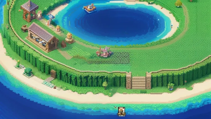 鸟山明风格，Flat pixel games《dragon quest》，Game scene design，（a paradise：1.4），16-bit pixels