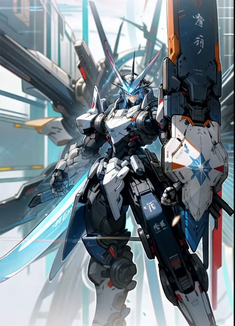 Skysky，baiyun，mechs，scientific fiction，white body，eBlue eyes，Carrying a long sword on his back，Top image quality，hyper qualit，Mechaization，Reload armor，Shield in hand